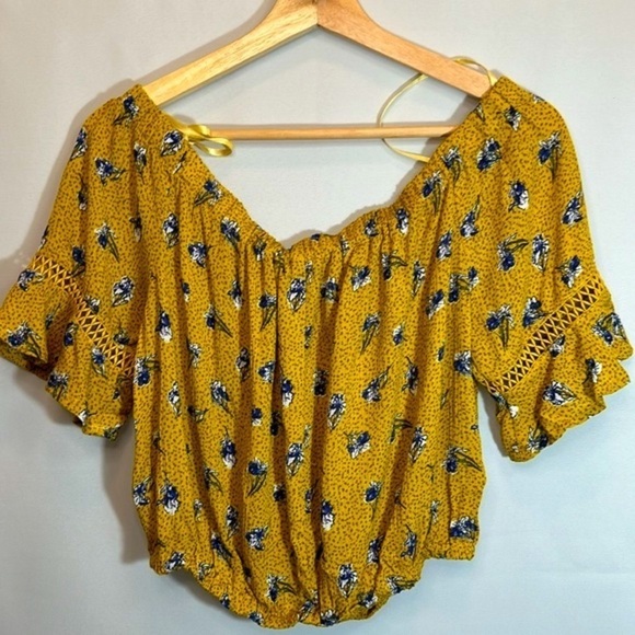 Bleuh Ciel Womens Crop Top Blouse Off The Shoulder Floral Lace Trim Sleeve Boho - Picture 9 of 11